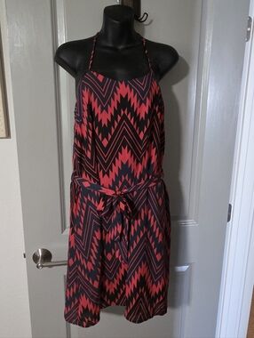 Collective Concepts Red and Navy Geometric Halter Dress